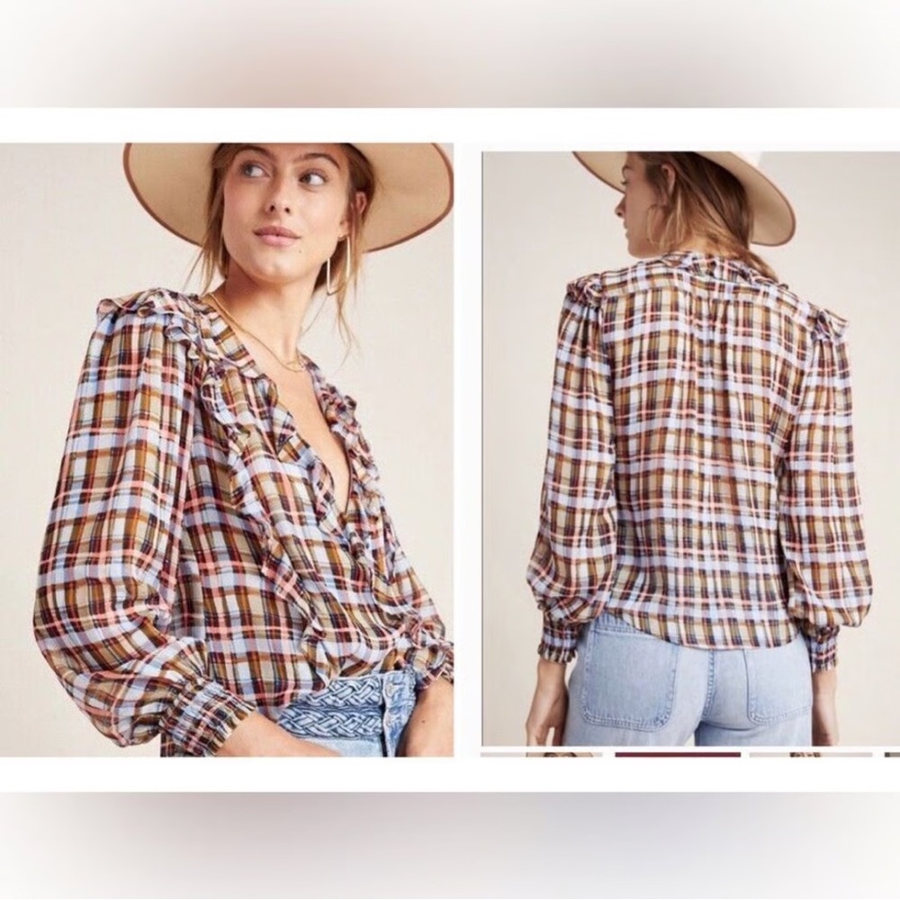 Anthropologie Laila Top Maeve Womens Orange Blue Ruffled Plaid Blouse Feminine